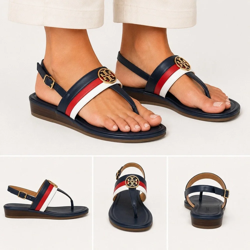 Tommy Hilfiger Jesi Navy Blue Red White Logo Thong Slingback Wedge Sandals 8M